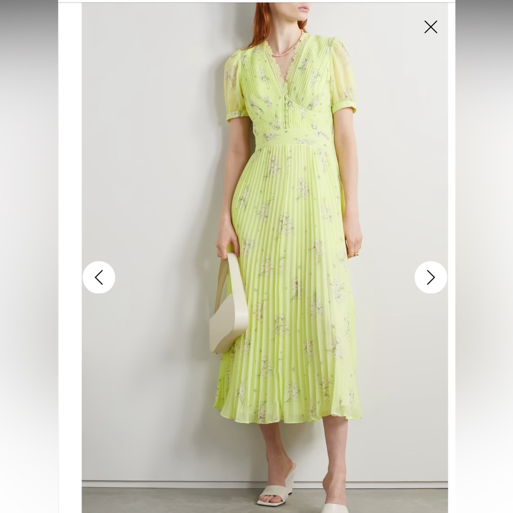 Self portrait lace-trimmed pleated floral-print chiffon midi dress. US 2- UK 6